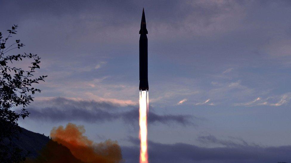 The Hwasong-8 missile firing into the sky in North Korea, according to state media