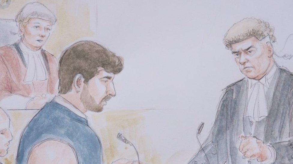 Court sketch of Thomas Cashman (left) in the witness box