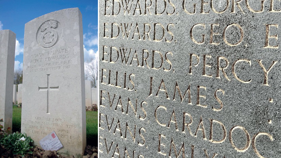 Percy's grave and his name on a war memorial at Cefn Mawr