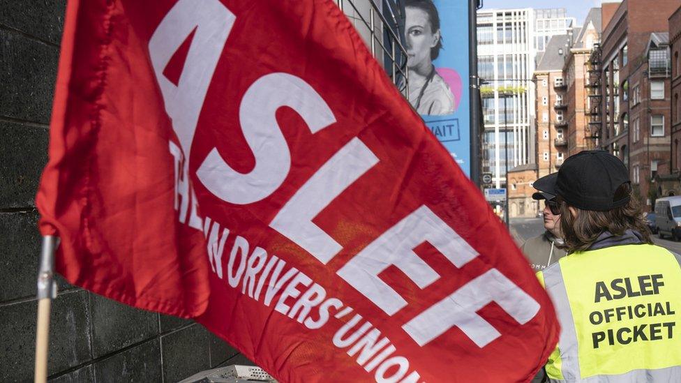 Aslef union on a picket line near to Leeds train station.