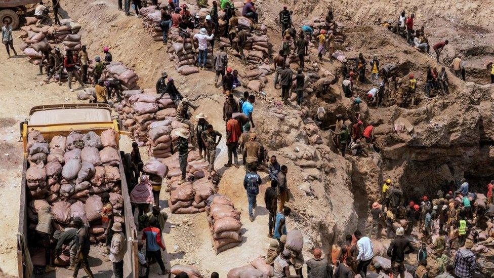 A general view of miners working at an artisanal mine near Kolwezi, DR Congo