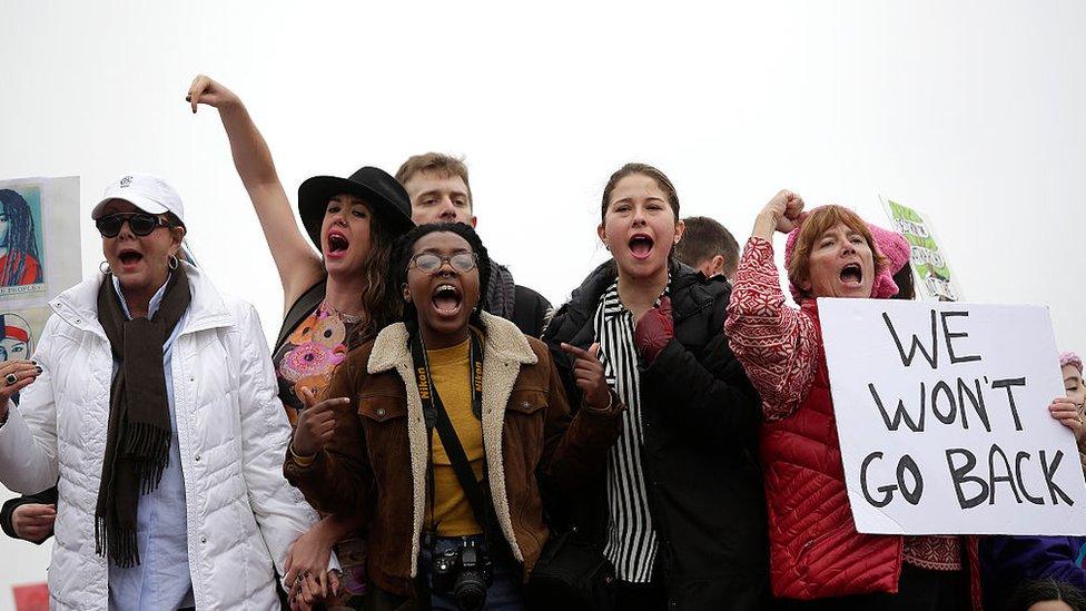 Demonstrators protest during the Women's March n Washington, DC.