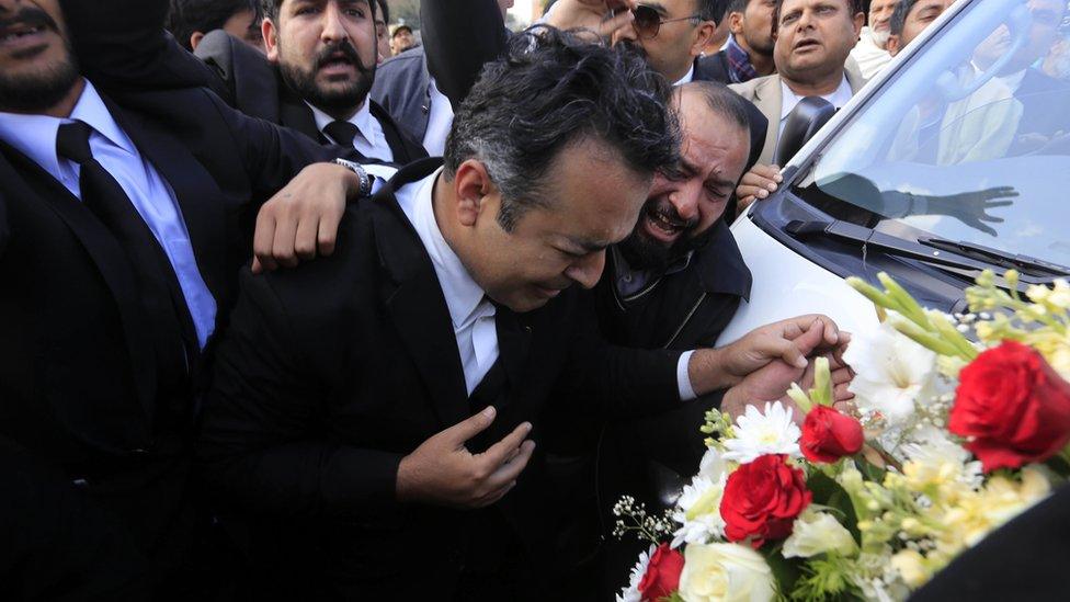 Pakistani Lawyers reacts during the funeral of their colleague Asma Jahangir