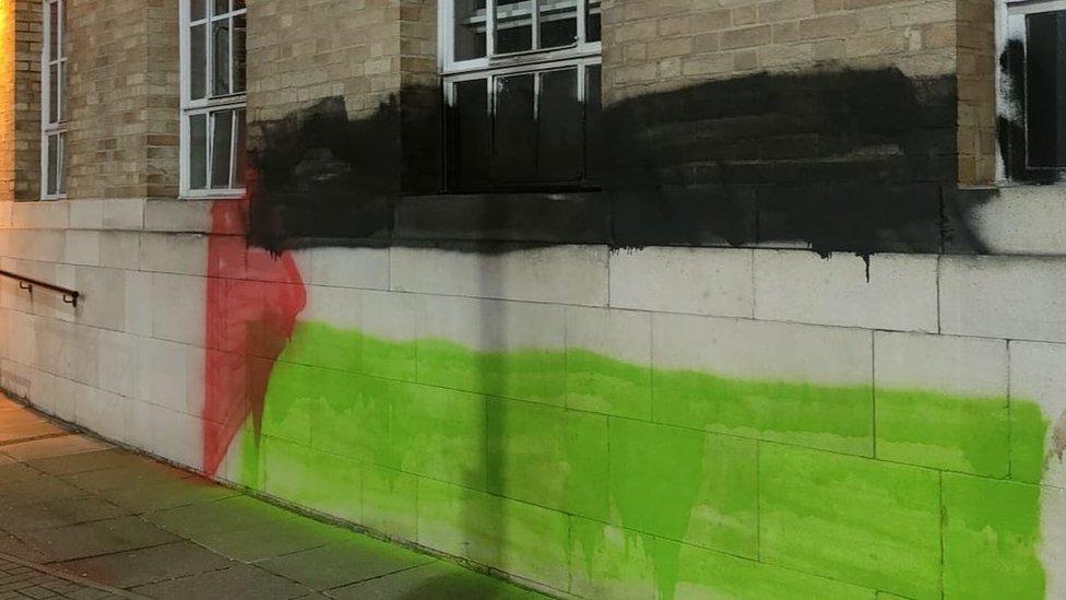 Graffiti on the front of the BBC building in Ormeau Avenue, Belfast