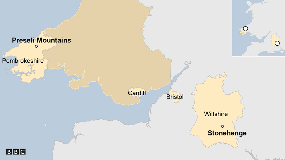 map showing distance from Preseli Hills to Stonehenge