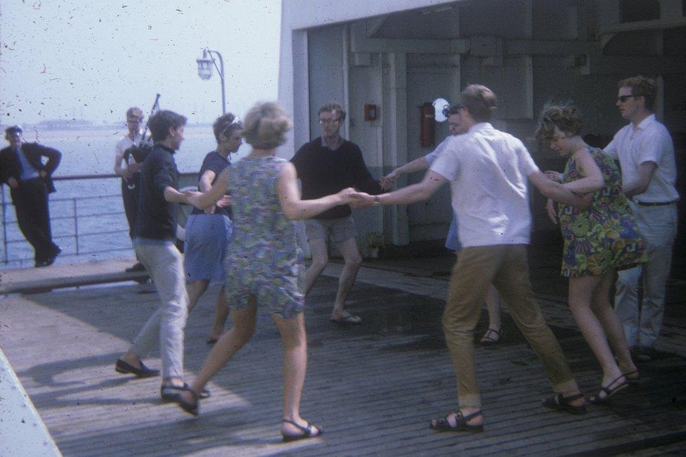 Doing the Eightsome Reel on board the ferry from Dover to Dunkirk