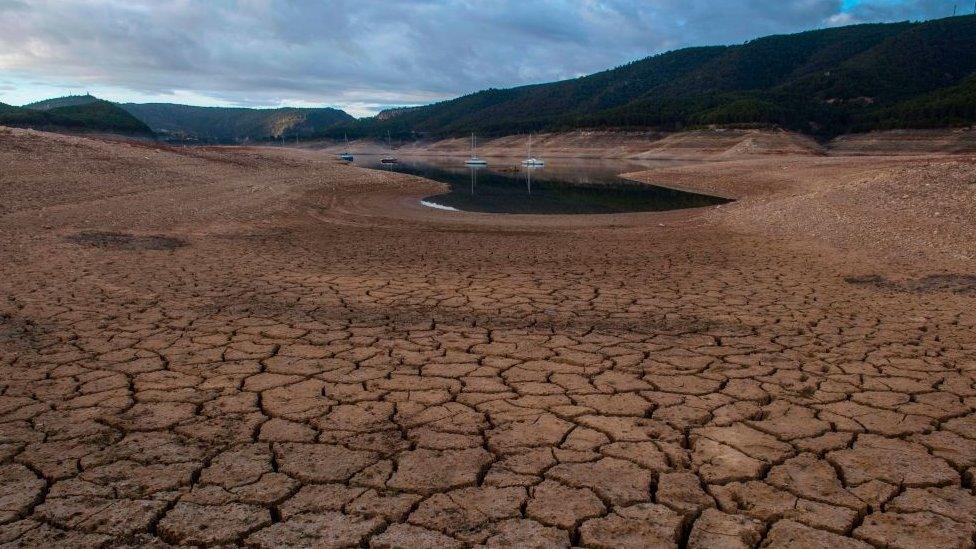 A picture shows low water levels at a reservoir in drought-stricken Entrepenas near Sacedon on November 24, 2017.