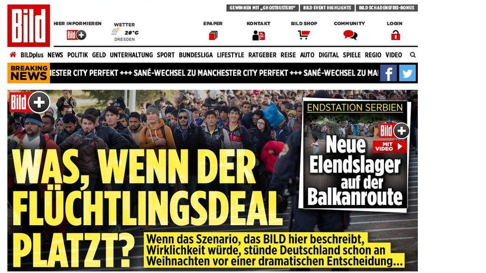 Frontpage of the website of German tabloid Bild on the EU-Turkey migrant deal