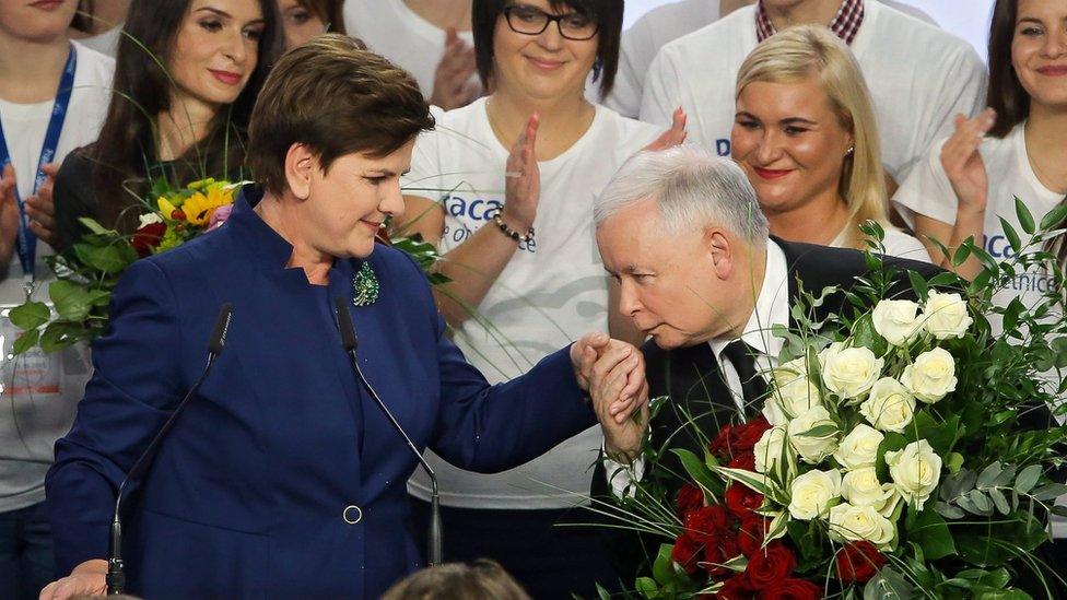 Conservative Law and Justice (PiS) leader Jaroslaw Kaczynski (R) kisses Law and Justice candidate for the Prime Minister Beata Szydlo (L)