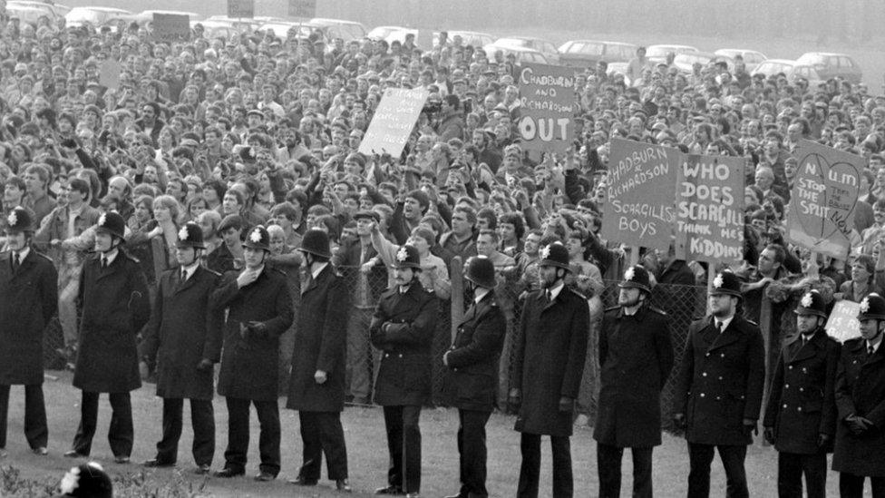 Rally by miners at the Nottinghamshire NUM Headquarters during the miners' strike