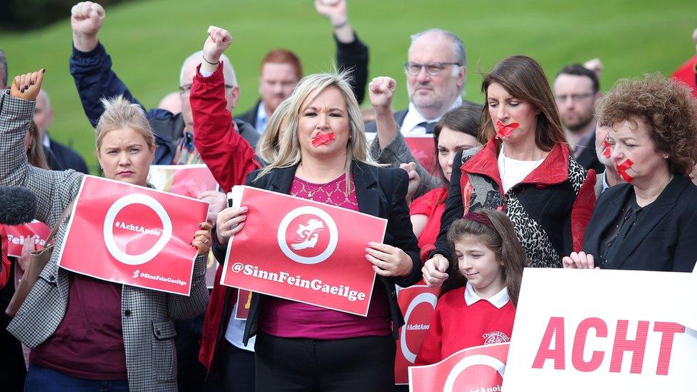 Sinn Féin's Michelle O'Neill with party colleagues and Irish language activists