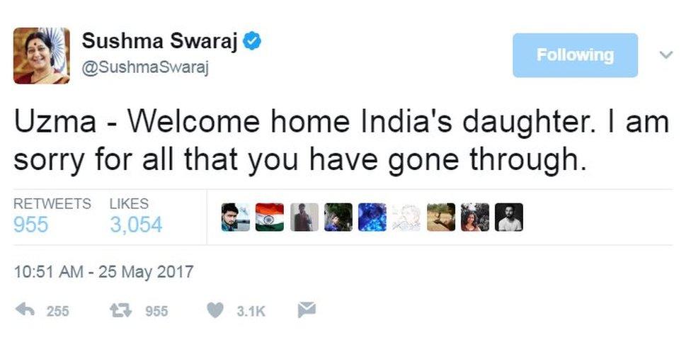 Sushma Swaraj: "Uzma - Welcome home India's daughter. I am sorry for all that you have gone through."