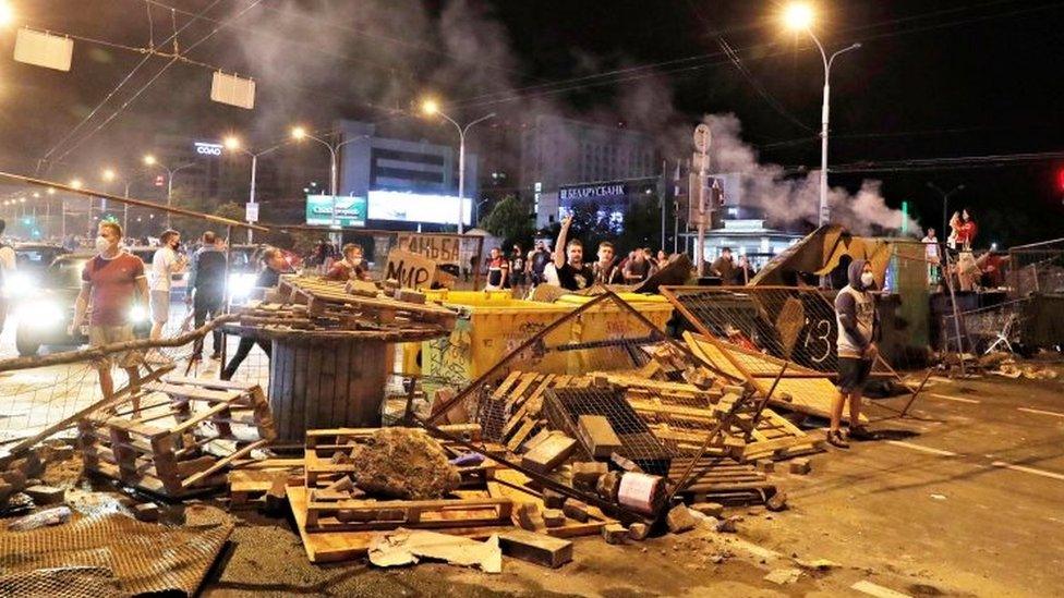 Protesters on a street barricade in Minsk, Belarus. Photo: 11 August 2020