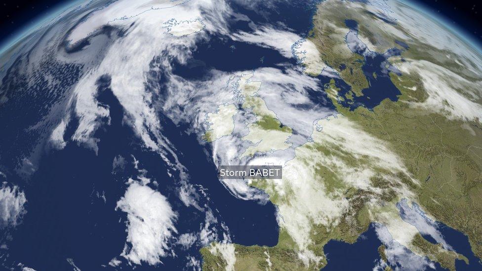 鶹Լ Weather satellite graphic showing swirling white cloud centred to the south of the UK, and another mass of cloud developing in the Atlantic