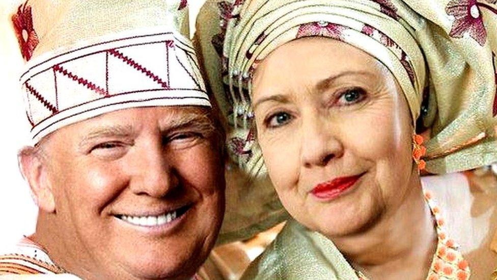 Donald Trump and Hilary Clinton in traditional attire