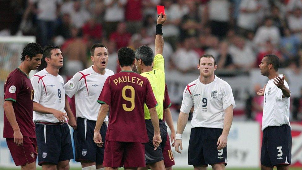 LOW: Wayne's shown a red card in the 2006 World Cup quarter-final defeat to Portugal for stamping on Ricardo Carvalho.