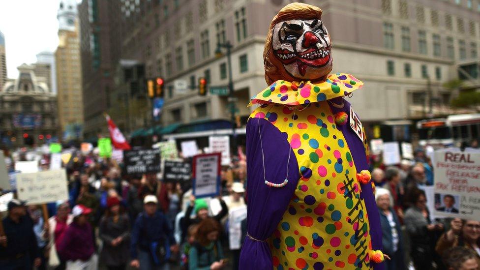 A President Trump clown at the Tax March in Philadelphia