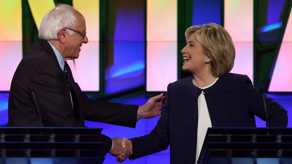 Bernie Sanders and Hillary Clinton at the Democratic debate on 13 October 2015