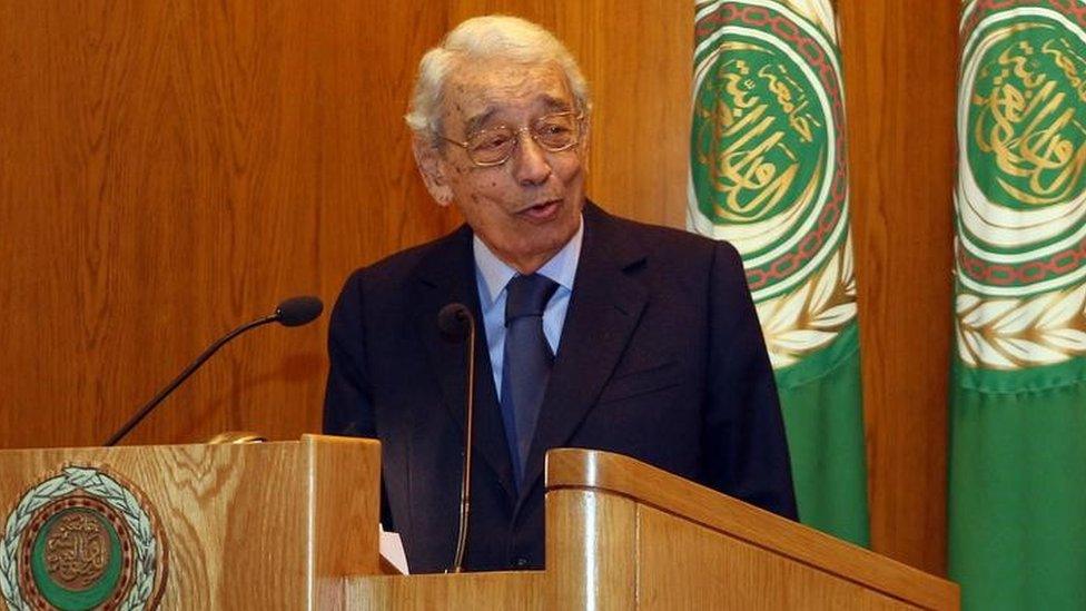 Boutros Boutros-Ghali speaks at the Arab League HQ in Cairo