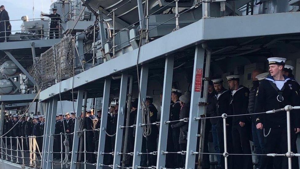 The crew of HMS Montrose in Devonport for the ship's homecoming