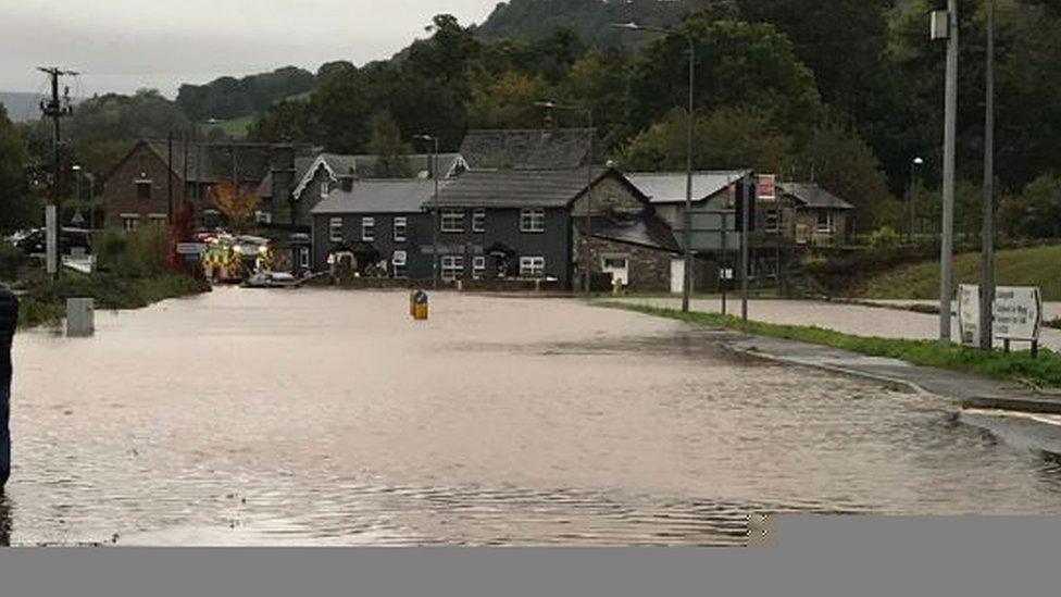 One of the routes into Crickhowell was blocked on Saturday morning