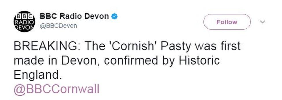 BBC Radio Devon tweet: "BREAKING: The 'Cornish' Pasty was first made in Devon, confirmed by Historic England"