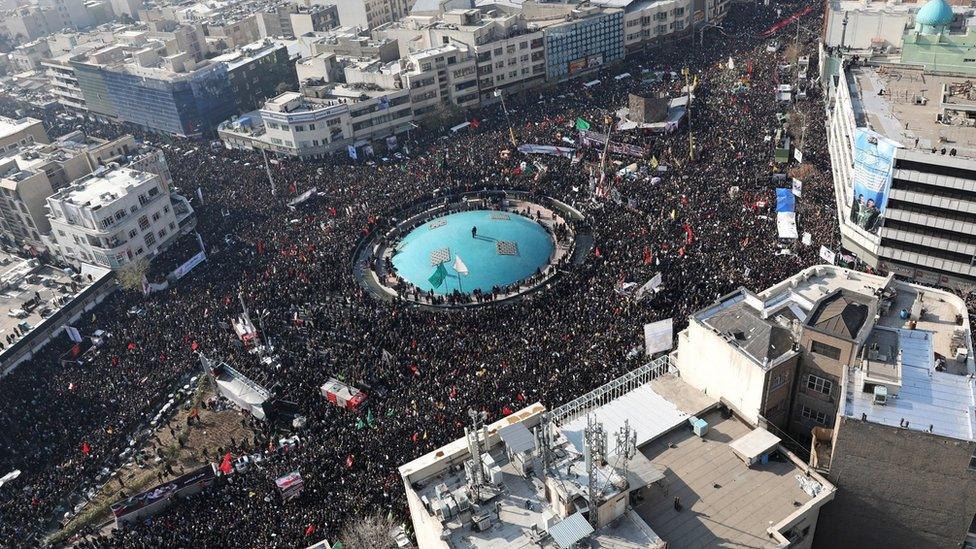 A handout photo made available by the Iranian supreme leader's office shows an areal view of Qasem Soleimani's funeral in Tehran, 6 January 2020