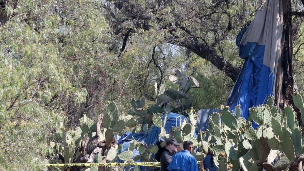 Forensic experts and members of the National Guard work in the area where a hot air balloon caught fire and collapsed in the municipality of San Juan Teotihuacan, in the State of Mexico, Mexico, 01 April 2023.