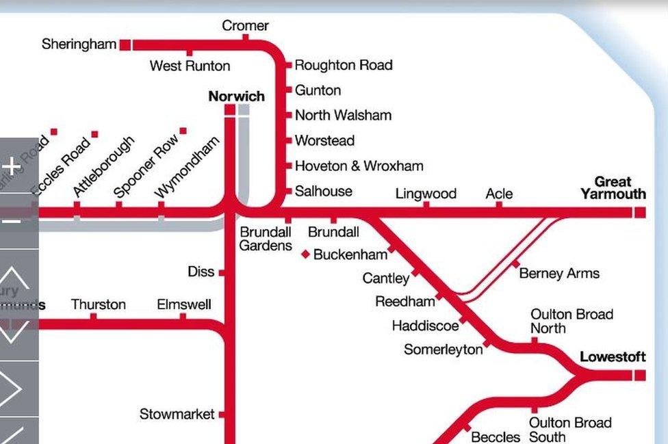 Greater Anglia network map for east Norfolk and Lowestoft