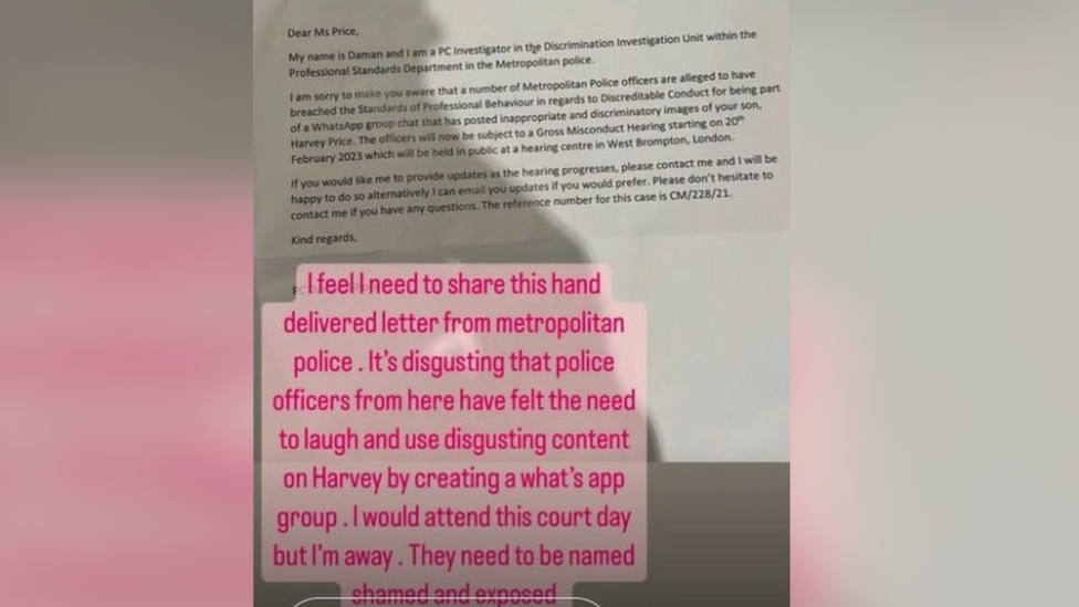 Image of the post on Price's Instagram stories, showing the letter alongside a comment from her in pink text.