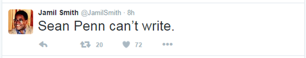 A tweet reads: "Sean Penn can't write"