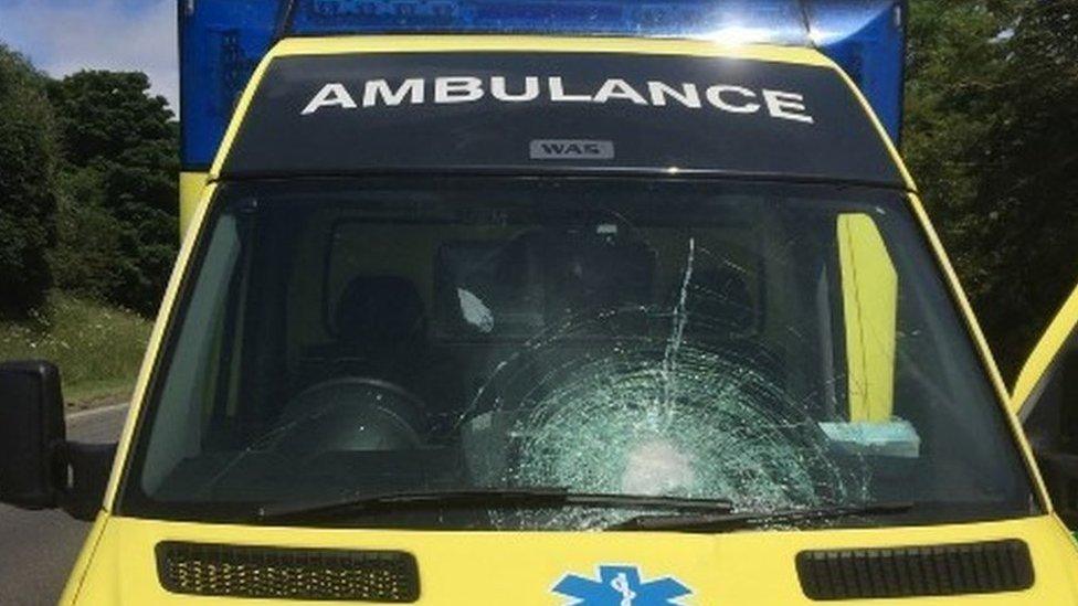 Ambulance with shattered windscreen, June 2021