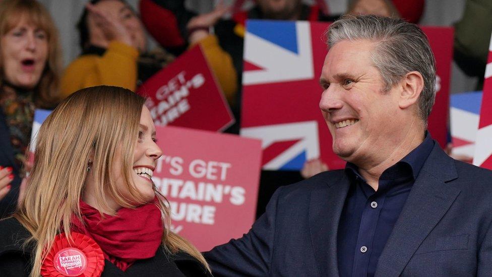 Newly elected Labour MP Sarah Edwards with party leader Sir Keir Starmer at Tamworth Football Club