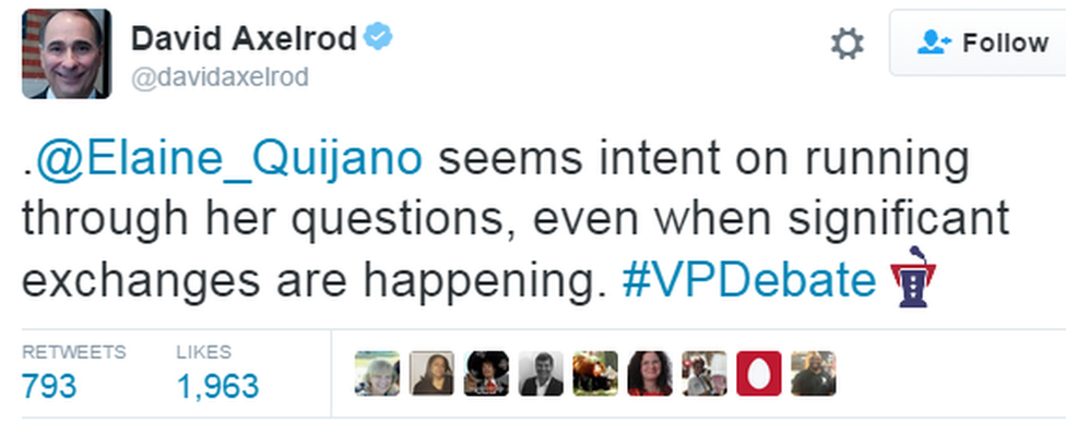 Tweet saying: ".@Elaine_Quijano seems intent on running through her questions, even when significant exchanges are happening. #VPDebate"