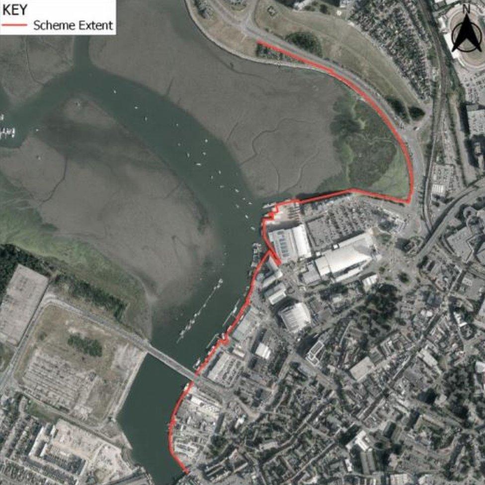 The proposed flood defence along Back Water Channel from Hunger Hill to Poole Bridge