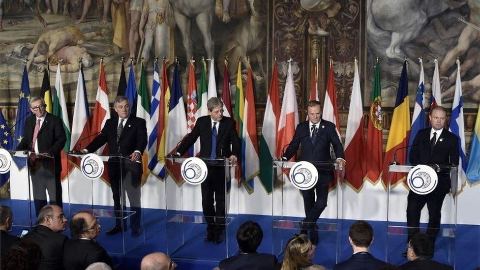 President of the European Commission Jean-Claude Juncker, EU Parliament president Antonio Tajani, Italy's Prime Minister Paolo Gentiloni, President of the European Council Donald Tusk and Malta's Prime Minister Joseph Muscat take part in a press conference in Rome following the signing of the new Rome declaration with leaders of 27 European Union countries, March 25, 2017