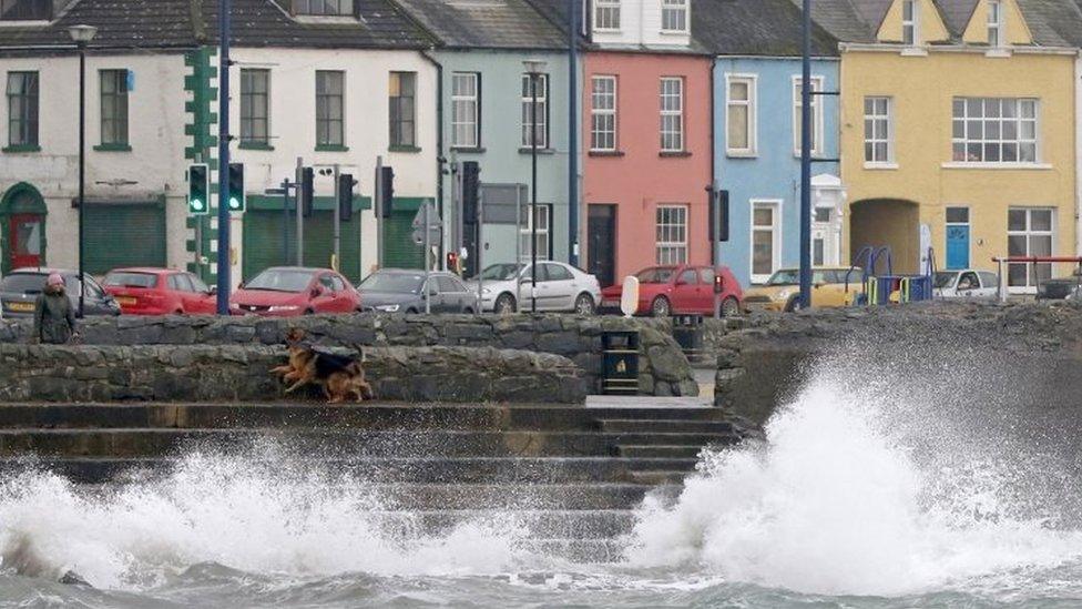 A dog walker in Donaghadee on the Irish Sea coast, east of Belfast in Northern Ireland