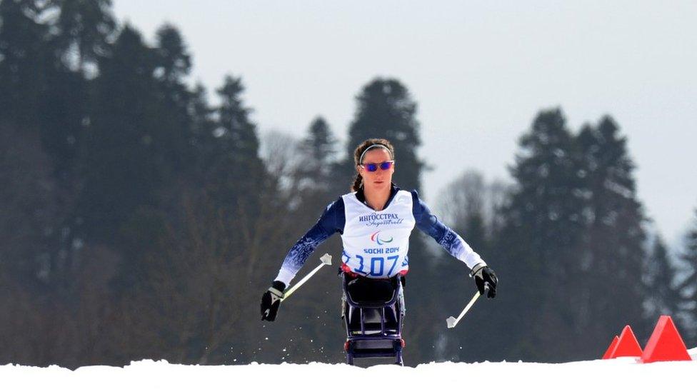 Tatyana McFadden competes during the Women's 12 km Cross-Country Ski Sitting at the Sochi Olympics