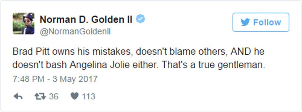 Tweet: "Brad Pitt owns his mistakes, doesn't blame others, AND he doesn't bash Angelina Jolie either. That's a true gentleman."