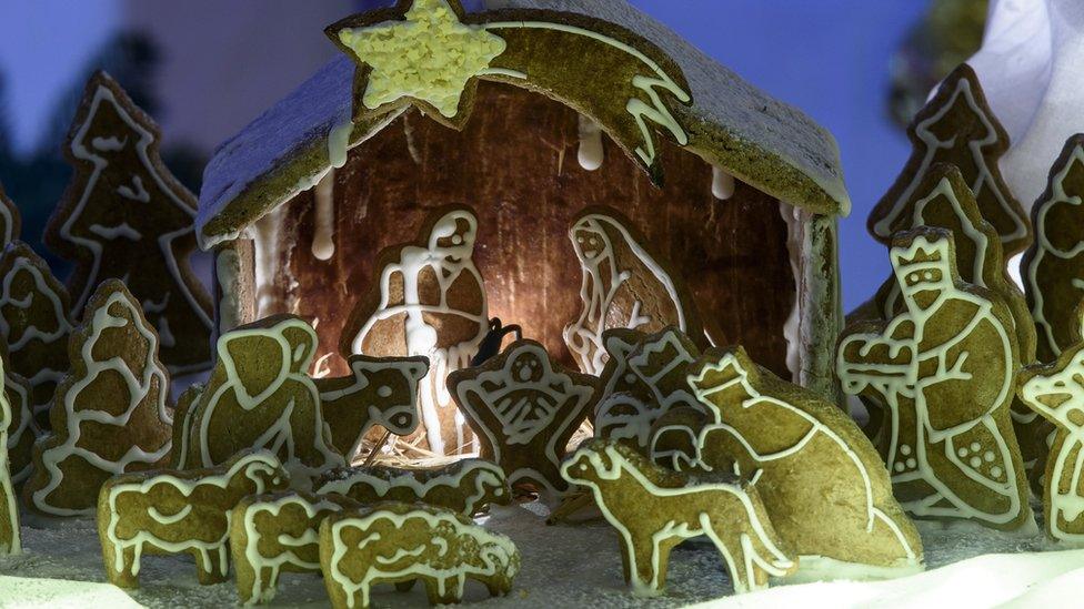 Nativity scene made out of gingerbread.