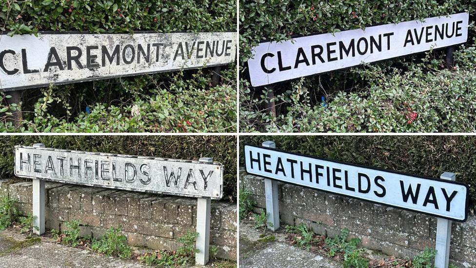 Before and after images of black and white street signs that have been painted