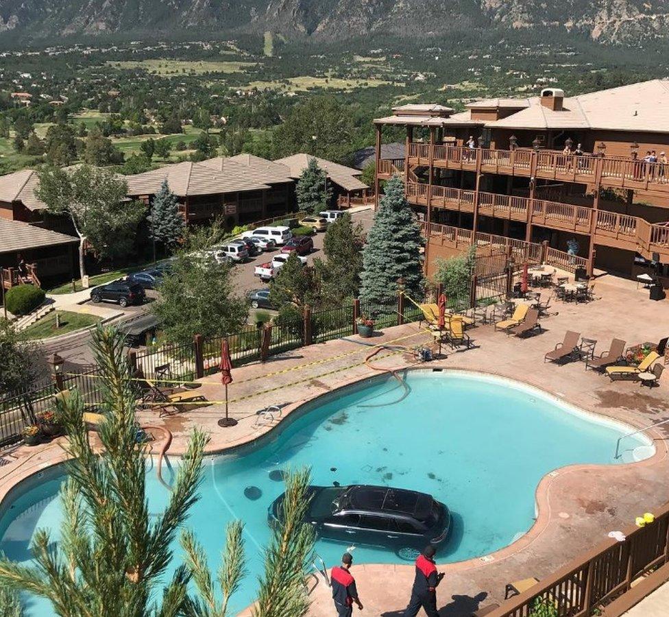 A car sitting in the bottom of a swimming pool in Colorado Springs - 3 July 2017