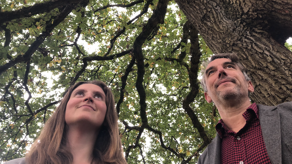 Councillor Josie Parkhouse admiring an ancient oak tree alongside Treeconomics' Ben Coles