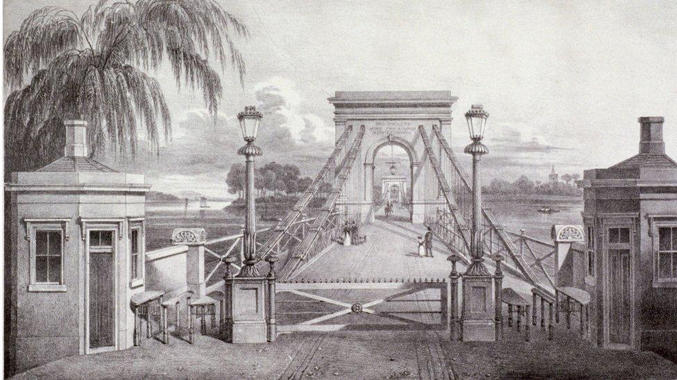 View of the entrance to the suspension bridge at Hammersmith...', London, 1827.