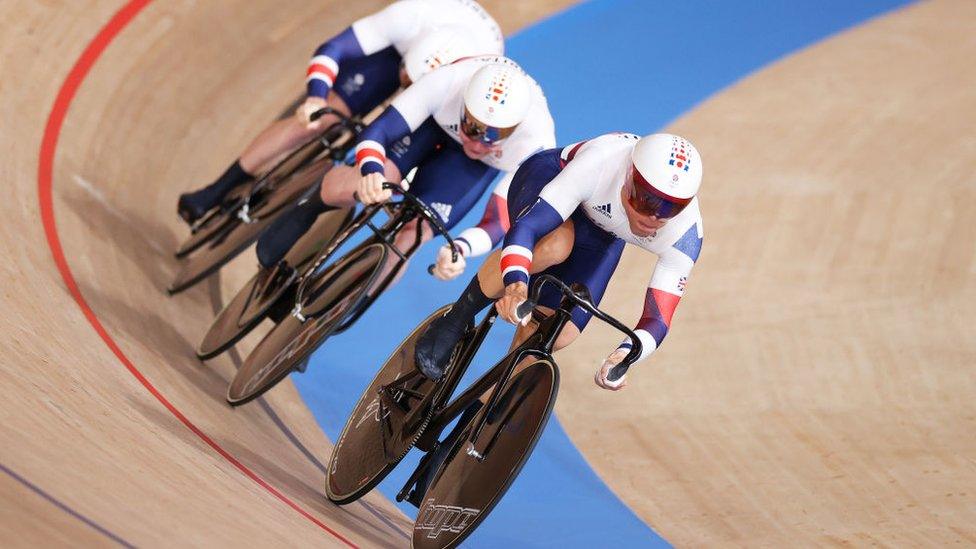 Jason Kenny, Ryan Owens and Jack Carlin of Team GB coming second.