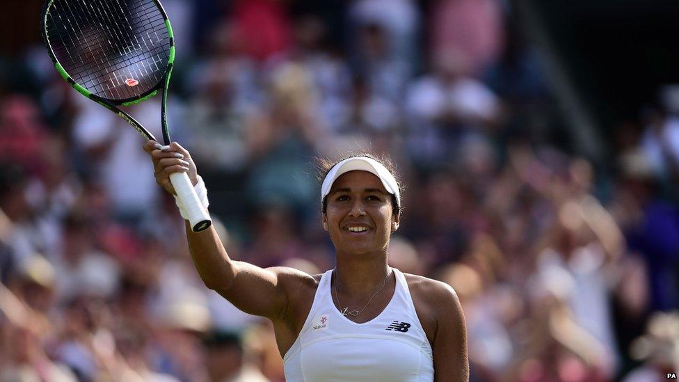 Heather Watson celebrates her straight sets win over Daniela Hantuchova