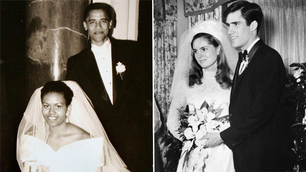 Marriage photo of the Obamas (r) and of the Romneys (l)