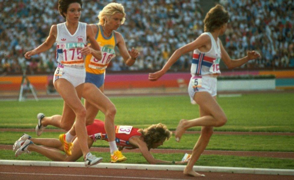 Mary Decker falls over after a collision with Zola Budd