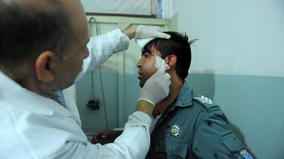 An injured Afghan soldier receives medial treatment at a hospital in Kabul, Afghanistan on 5 September 2018