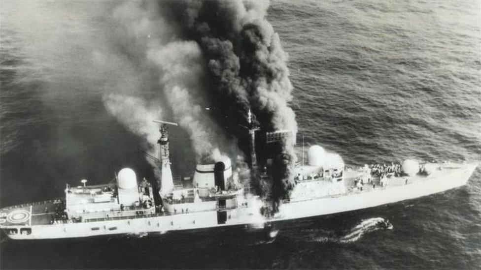 HMS Sheffield on fire